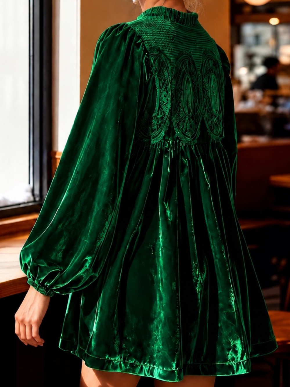 Emerald Green Velvet Lace Babydoll Mini Dress Puff Sleeve Holiday Party S NWT - Picture 3 of 4
